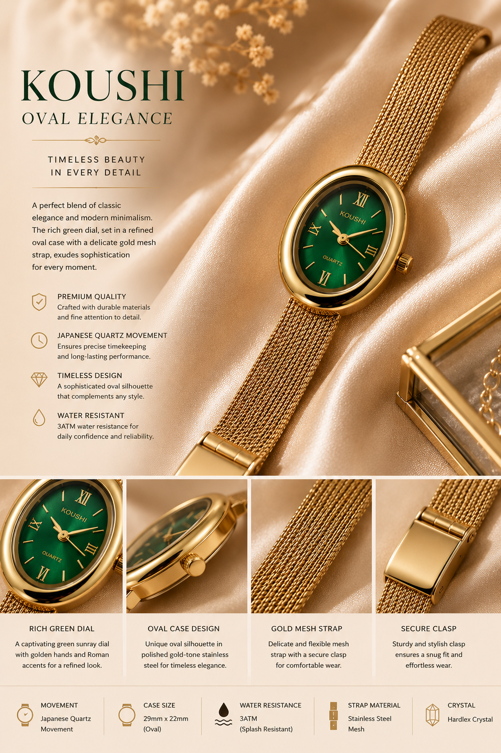 Emerald Oval Mesh Watch-Green