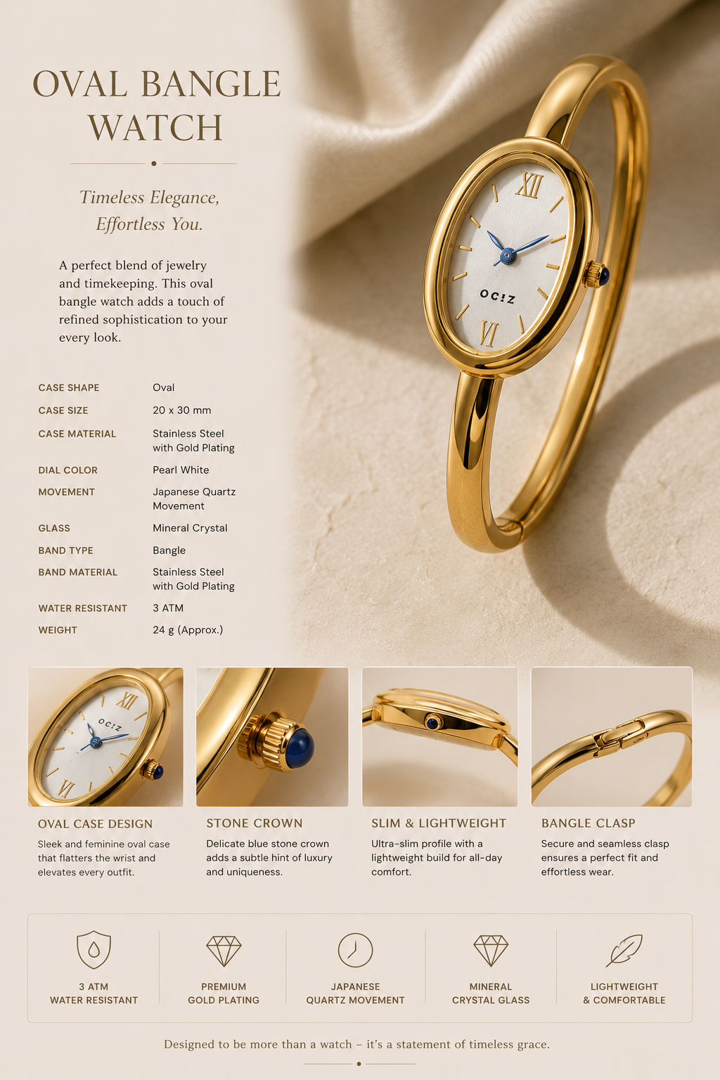 LUNA D’OR Oval Watch -WHITE